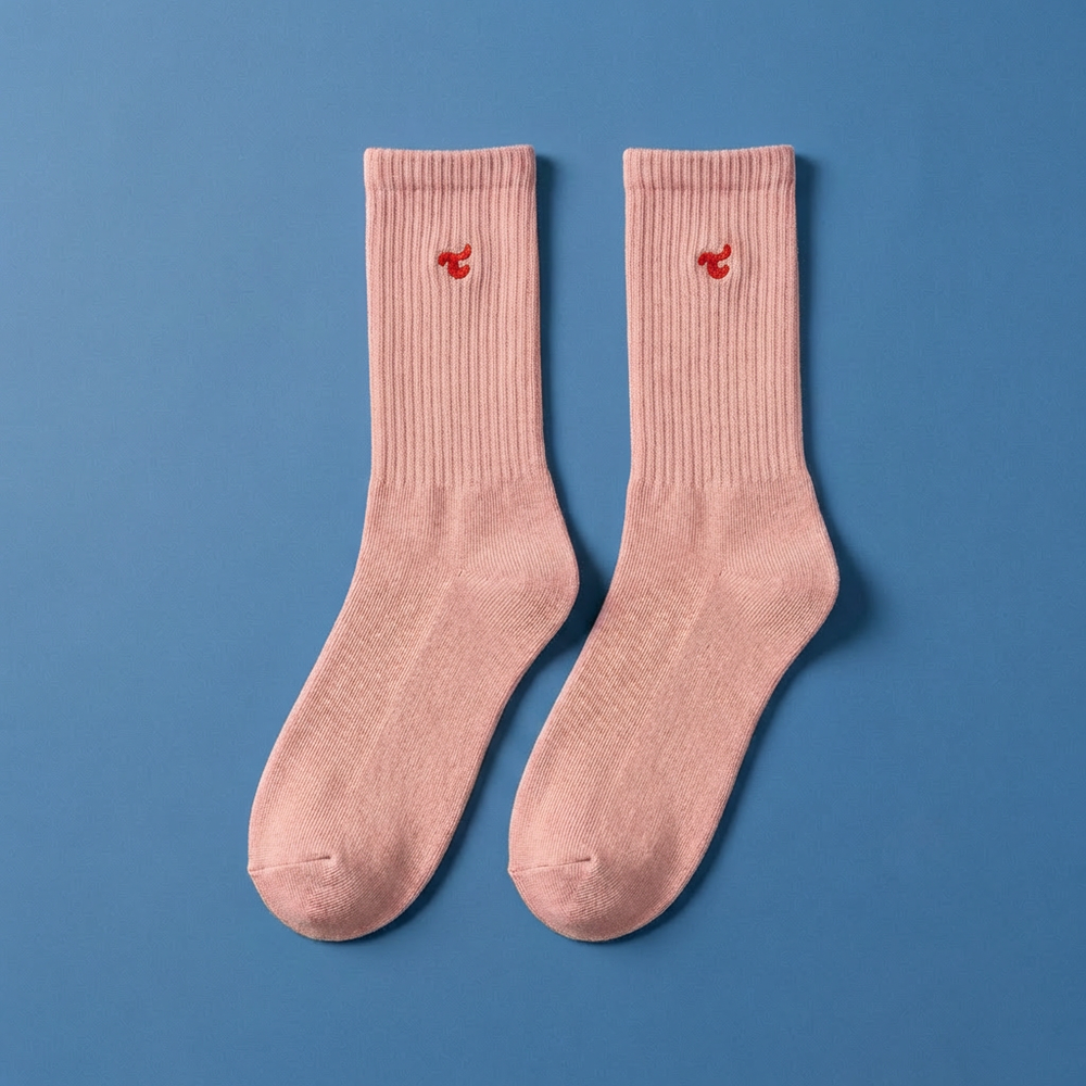 A pair of Tiny Socks in Barely Pink, laid flat on a blue background.