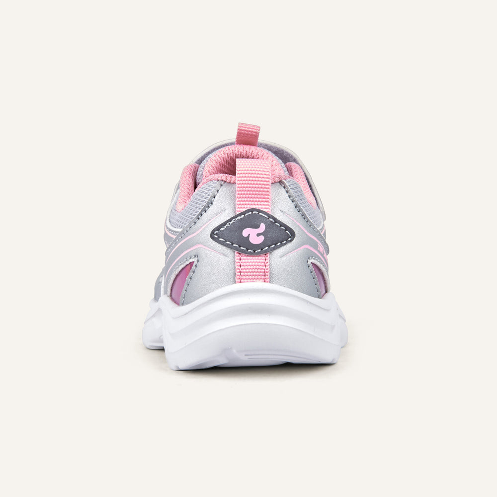 Play Infant in silver pink, rear view with the Tiny Dancers logo on the heel.