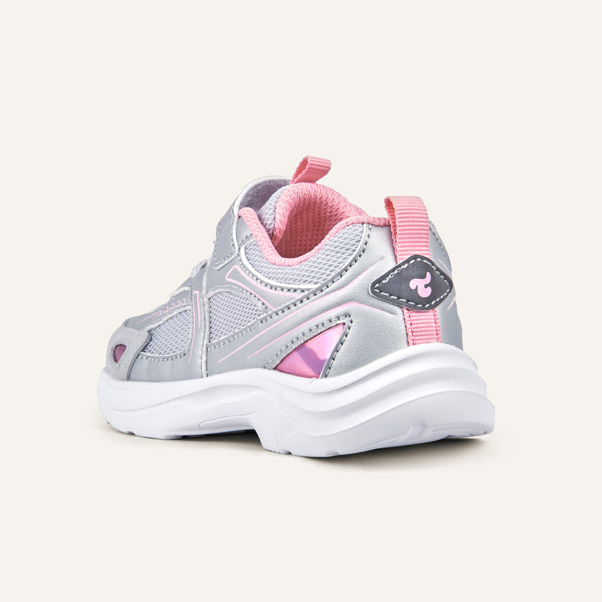 Play Infant in silver pink from the inner side, mesh upper and white sole visible.