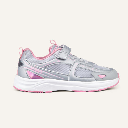 Play Junior in silver pink, side profile with reflective upper and hook-and-loop strap.